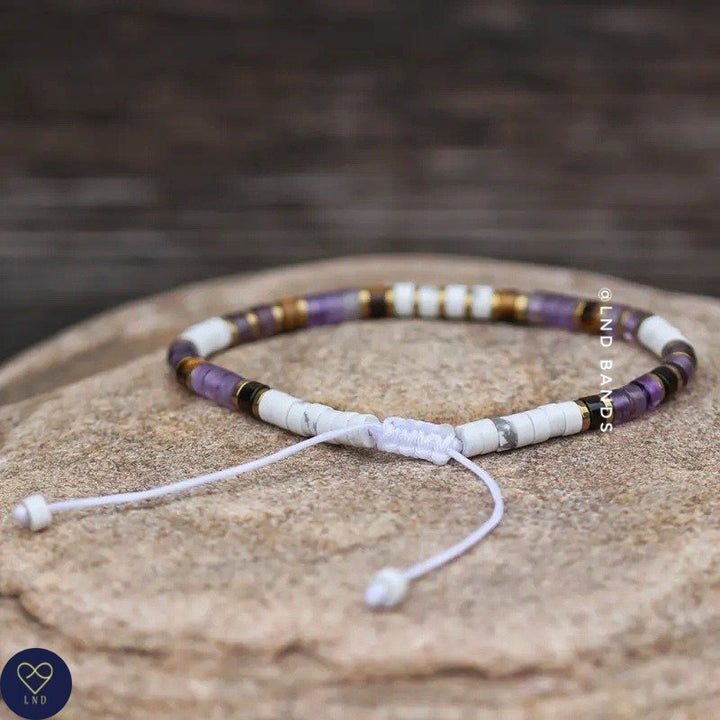 Tiger Eye Amethyst Howlite Minimalist 2x4mm Bracelet, Adjustable Beaded Bracelet, Tibetan Natural Stone Bracelet, Yoga, Boho, Ethnic - LND Bands