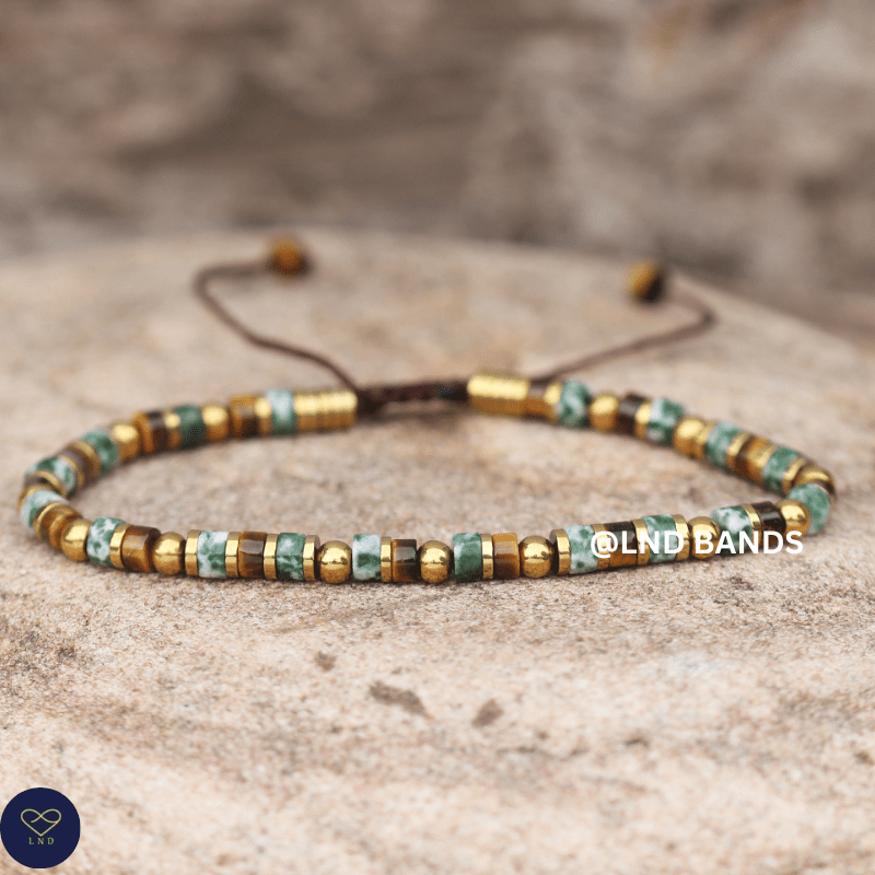 Tiger Eye Green Spot Jasper 2x4mm Bracelet, Adjustable, Tibetan, Natural Stone, Yoga, Boho, Ethnic - LND Bands