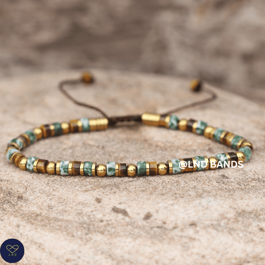 Tiger Eye Green Spot Jasper 2x4mm Bracelet, Adjustable, Tibetan, Natural Stone, Yoga, Boho, Ethnic - LND Bands