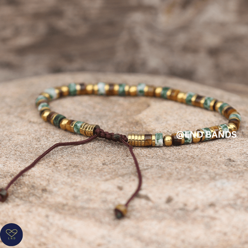 Tiger Eye Green Spot Jasper 2x4mm Bracelet, Adjustable, Tibetan, Natural Stone, Yoga, Boho, Ethnic - LND Bands