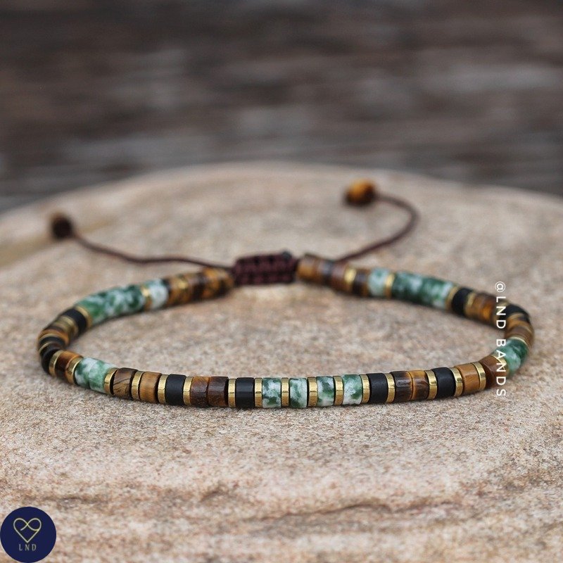 Tiger Eye Green Spot Jasper Minimalist 2x4mm Bracelet, Adjustable Beaded Bracelet, Tibetan Bracelet, Natural Stone Bracelet, Yoga, Boho - LND Bands