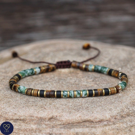 Tiger Eye Green Spot Jasper Minimalist 2x4mm Bracelet, Adjustable Beaded Bracelet, Tibetan Bracelet, Natural Stone Bracelet, Yoga, Boho - LND Bands