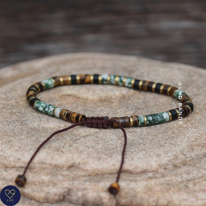 Tiger Eye Green Spot Jasper Minimalist 2x4mm Bracelet, Adjustable Beaded Bracelet, Tibetan Bracelet, Natural Stone Bracelet, Yoga, Boho - LND Bands