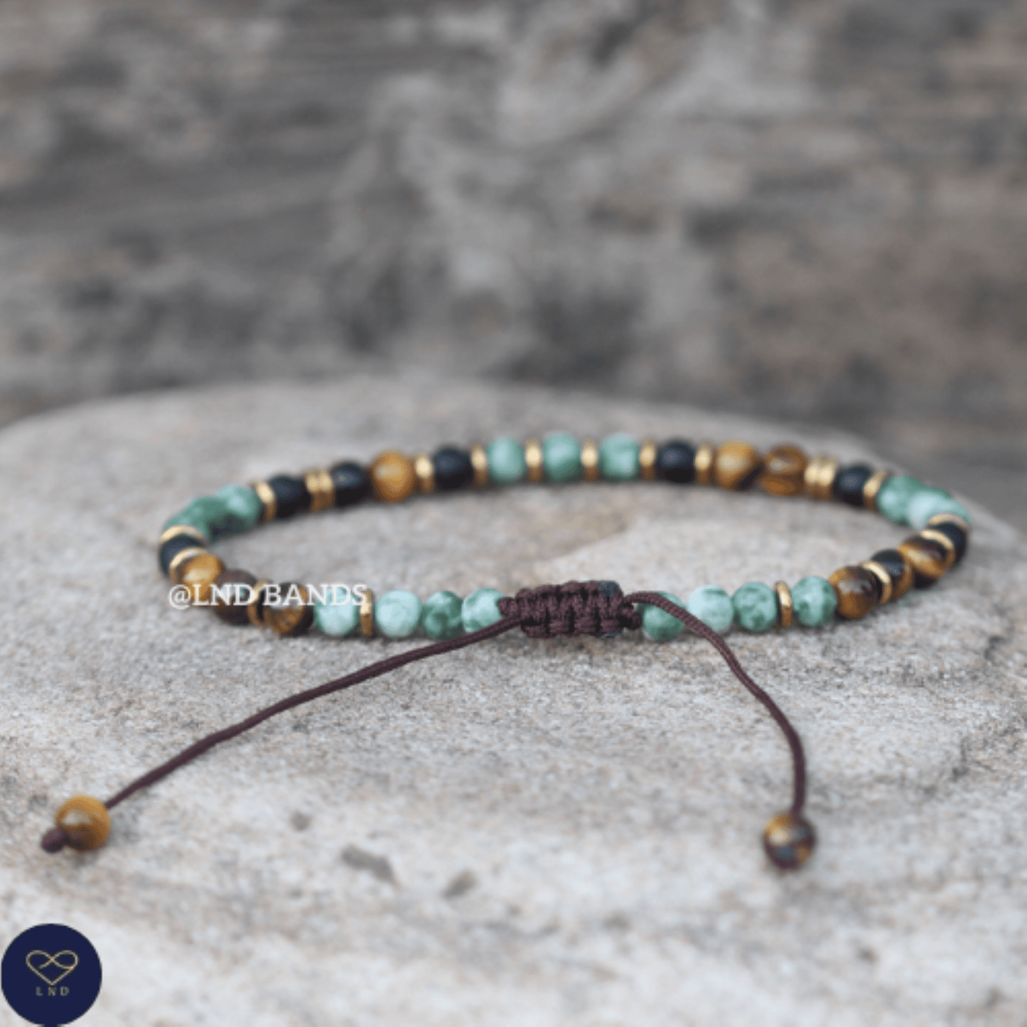 Tiger Eye Green Spot Jasper Onyx 4mm round beads Bracelet, Adjustable Beaded Bracelet, Tibetan Bracelet, Natural Stone Bracelet, Yoga, Boho - LND Bands