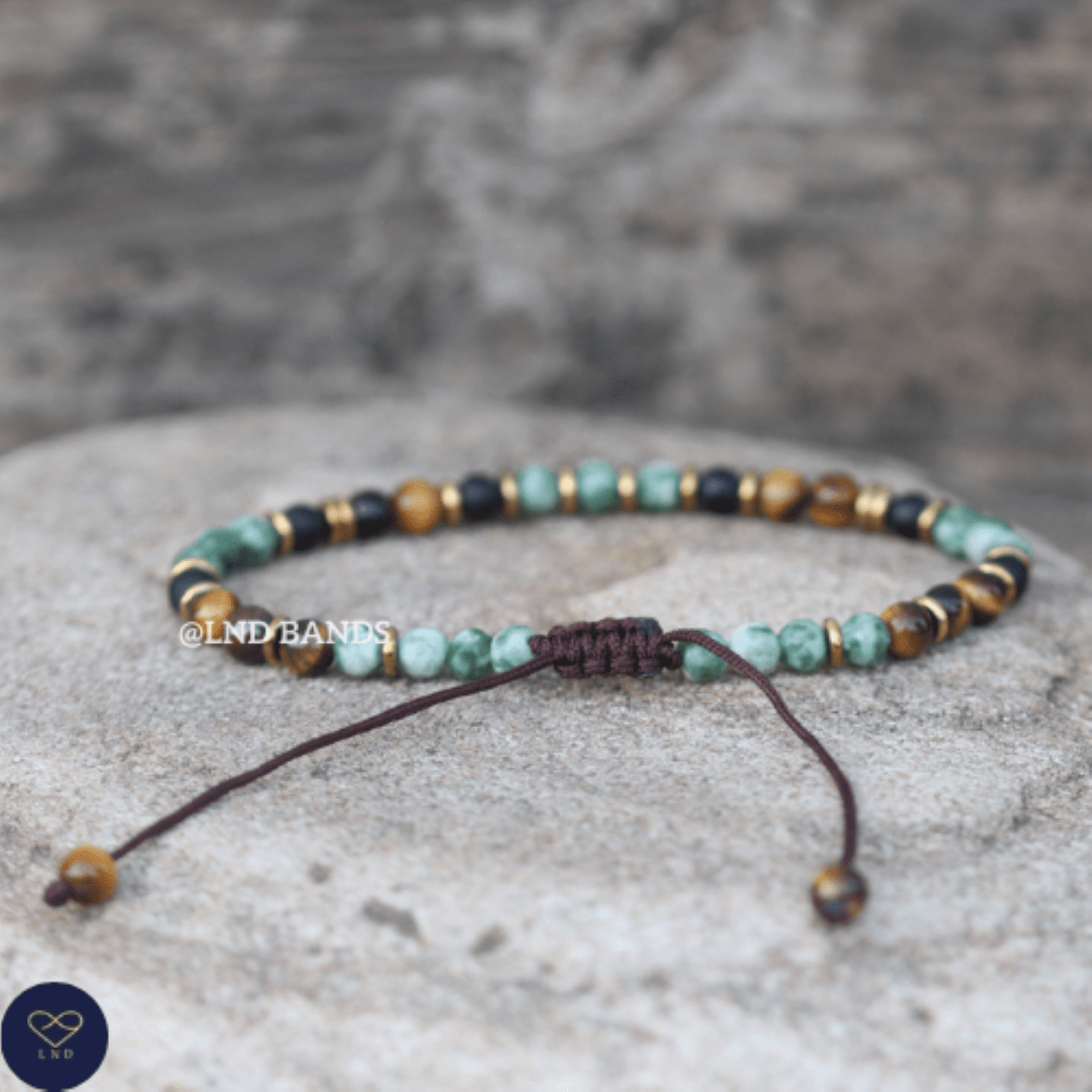 Tiger Eye Green Spot Jasper Onyx 4mm round beads Bracelet, Adjustable Beaded Bracelet, Tibetan Bracelet, Natural Stone Bracelet, Yoga, Boho - LND Bands