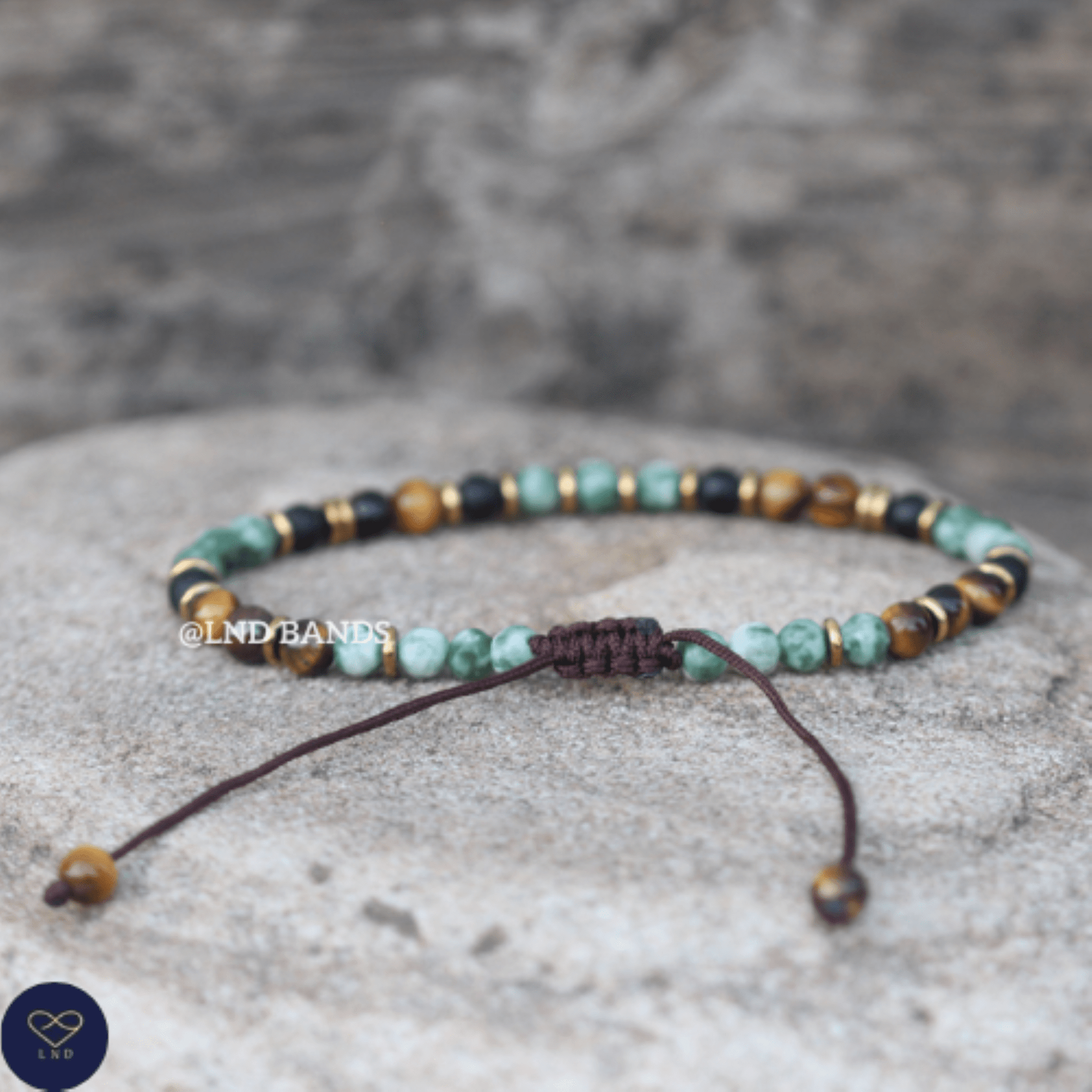 Tiger Eye Green Spot Jasper Onyx 4mm round beads Bracelet, Adjustable Beaded Bracelet, Tibetan Bracelet, Natural Stone Bracelet, Yoga, Boho - LND Bands