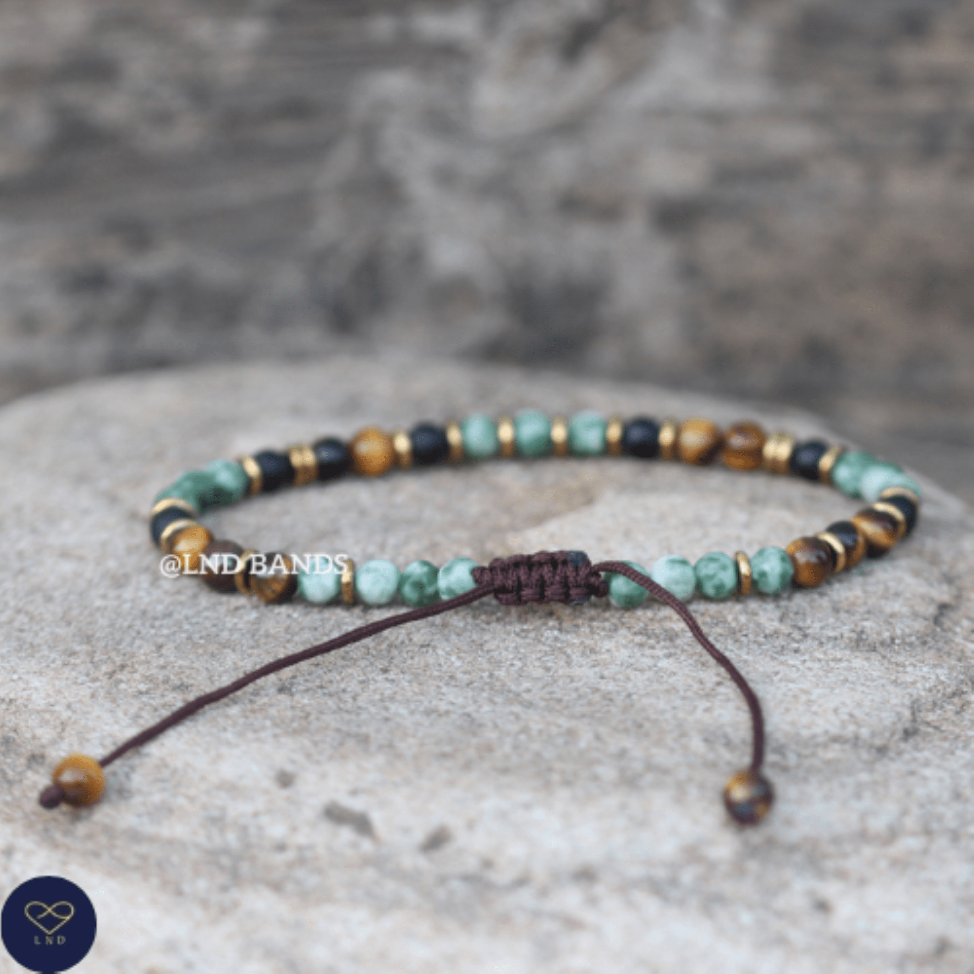 Tiger Eye Green Spot Jasper Onyx 4mm round beads Bracelet, Adjustable Beaded Bracelet, Tibetan Bracelet, Natural Stone Bracelet, Yoga, Boho - LND Bands