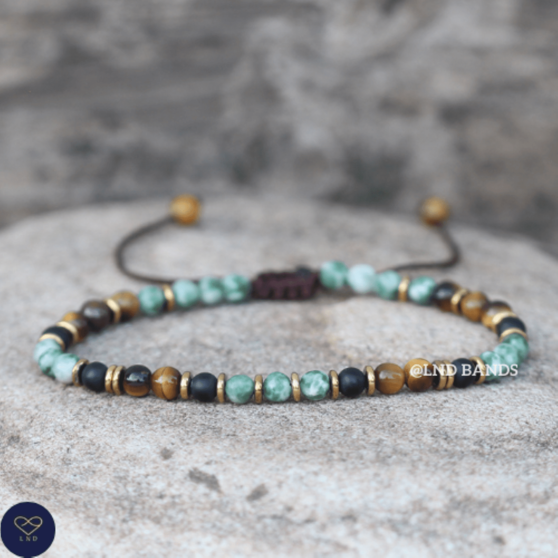 Tiger Eye Green Spot Jasper Onyx 4mm round beads Bracelet, Adjustable Beaded Bracelet, Tibetan Bracelet, Natural Stone Bracelet, Yoga, Boho - LND Bands