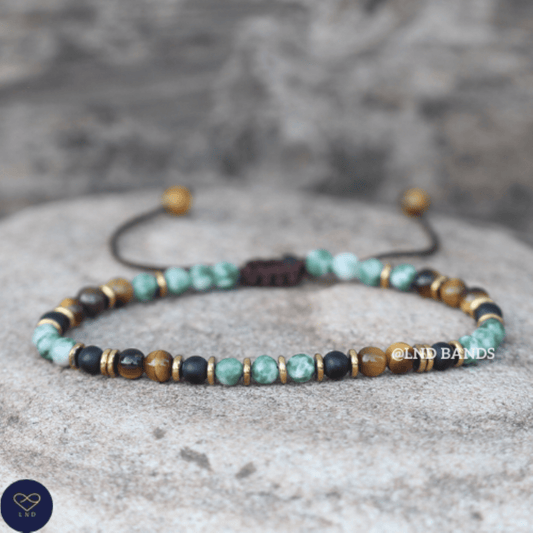 Tiger Eye Green Spot Jasper Onyx 4mm round beads Bracelet, Adjustable Beaded Bracelet, Tibetan Bracelet, Natural Stone Bracelet, Yoga, Boho - LND Bands