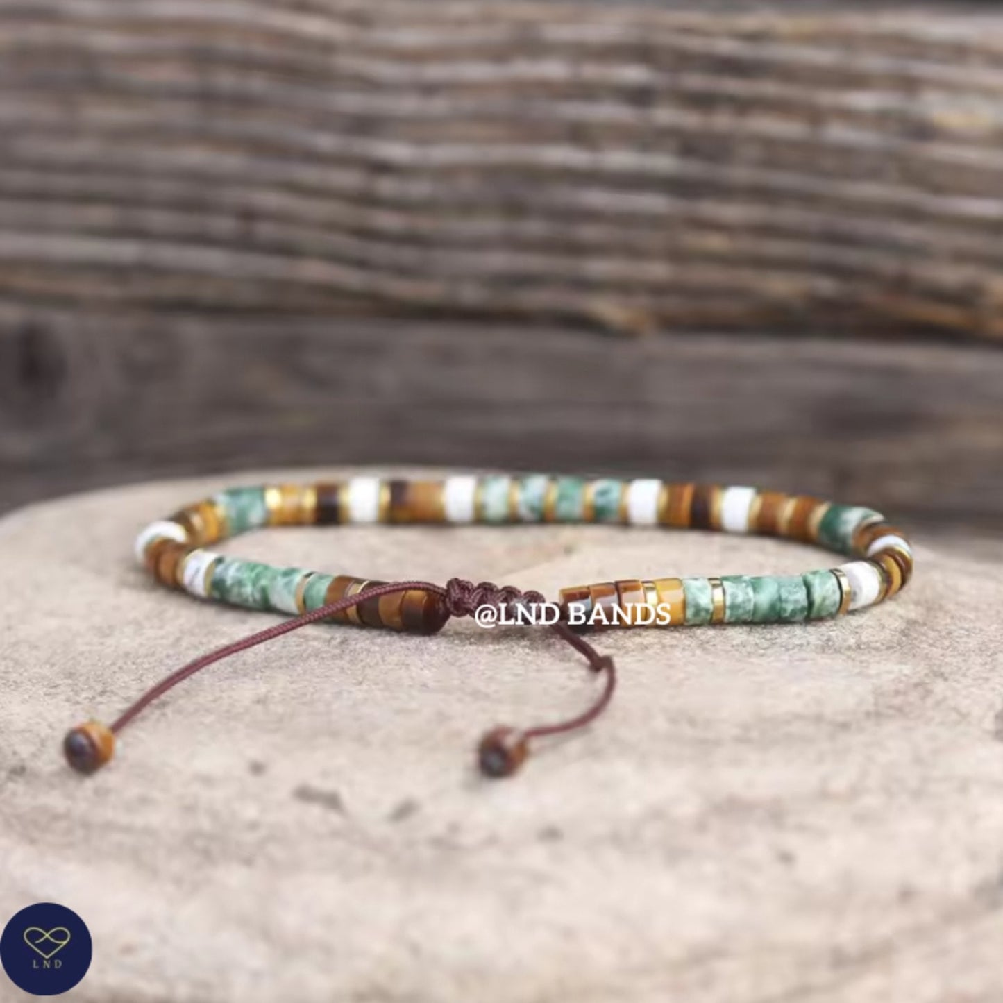 Tiger Eye Howlite Green Spot Jasper 2x4mm Adjustable Bracelet, Tibetan Yoga Boho Ethnic courage - LND Bands