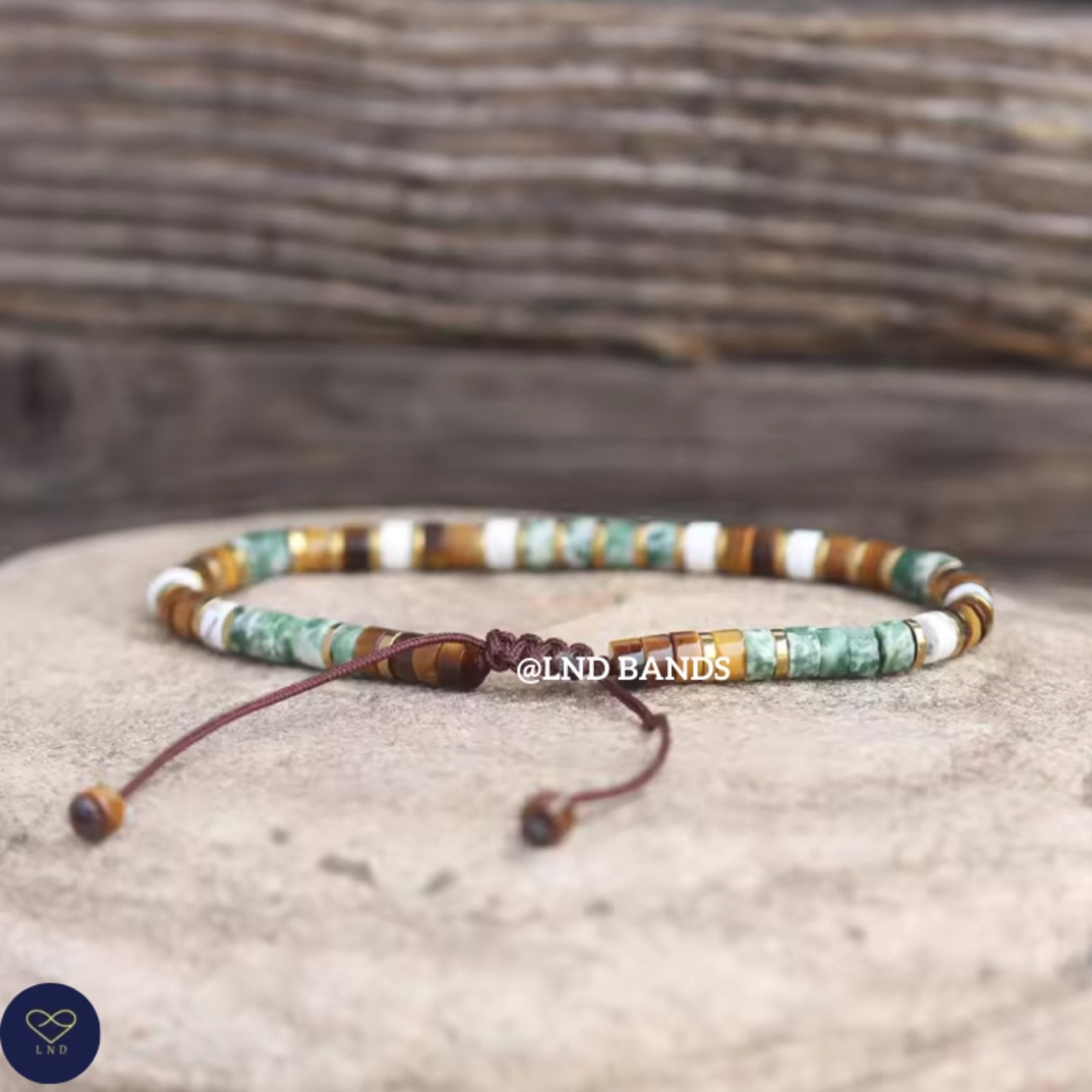 Tiger Eye Howlite Green Spot Jasper 2x4mm Adjustable Bracelet, Tibetan Yoga Boho Ethnic courage - LND Bands