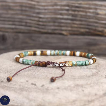 Tiger Eye Howlite Green Spot Jasper 2x4mm Adjustable Bracelet, Tibetan Yoga Boho Ethnic courage - LND Bands