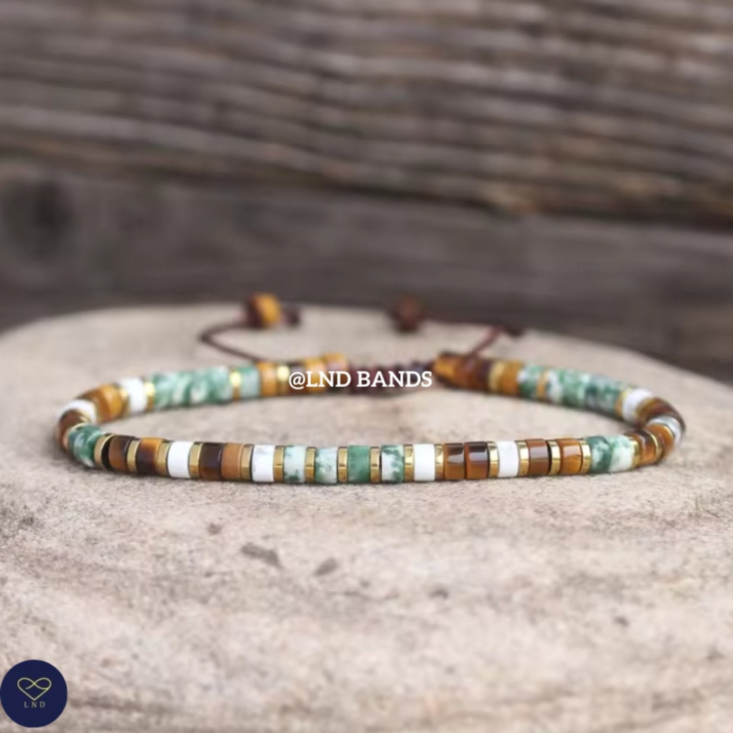 Tiger Eye Howlite Green Spot Jasper 2x4mm Adjustable Bracelet, Tibetan Yoga Boho Ethnic courage - LND Bands