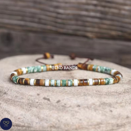 Tiger Eye Howlite Green Spot Jasper 2x4mm Adjustable Bracelet, Tibetan Yoga Boho Ethnic courage - LND Bands