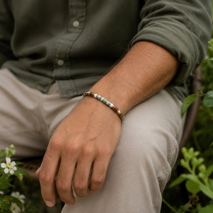 Tiger Eye Howlite Green Spot Jasper 2x4mm Adjustable Bracelet, Tibetan Yoga Boho Ethnic courage - LND Bands