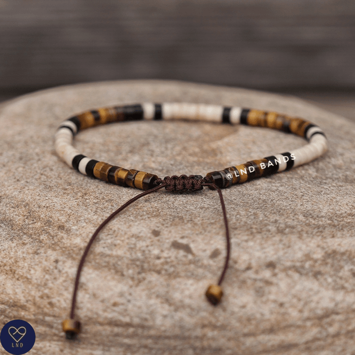 Tiger Eye Ivory Howlite 2x4mm Gemstone Bracelet, Adjustable Tibetan Minimalist Yoga Boho Bracelet, surfer, birthday gift, courage, power - LND Bands