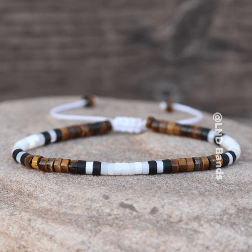 Tiger Eye Mother Of Pearl 2x4mm Gemstone Bracelet, Adjustable Tibetan Minimalist Yoga Boho Bracelet, surfer, birthday gift, courage, power - LND Bands