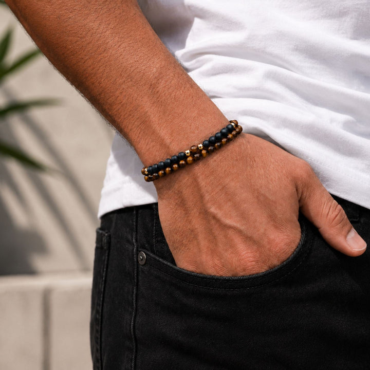 Tiger Eye Onyx double bracelet 4mm, Tibetan Adjustable Dainty, Yoga, Minimalist Bohemian, Gift for him - LND Bands
