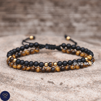 Tiger Eye Onyx double bracelet 4mm, Tibetan Adjustable Dainty, Yoga, Minimalist Bohemian, Gift for him - LND Bands