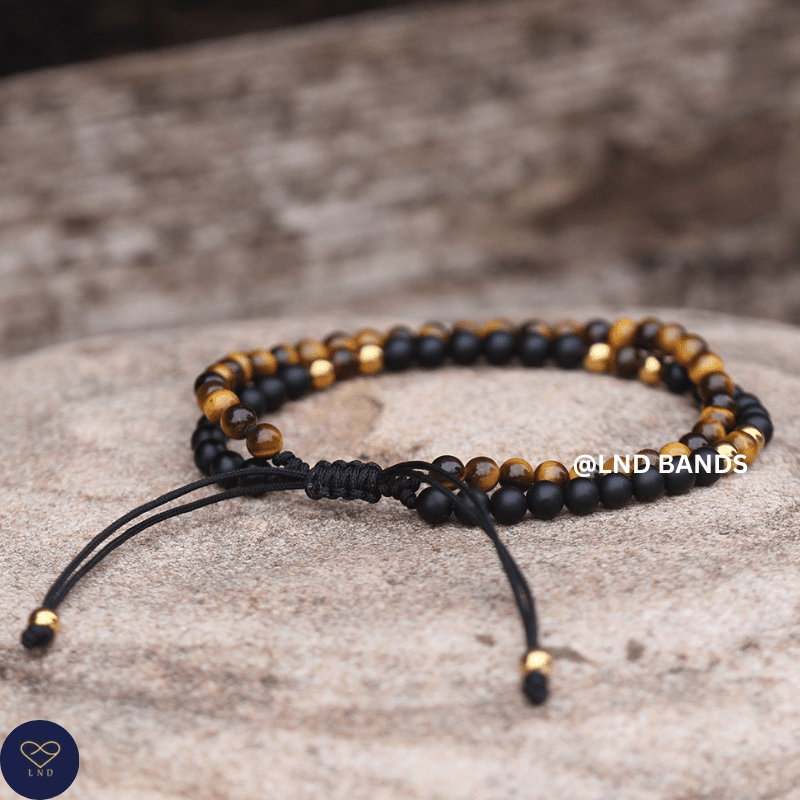 Tiger Eye Onyx double bracelet 4mm, Tibetan Adjustable Dainty, Yoga, Minimalist Bohemian, Gift for him - LND Bands