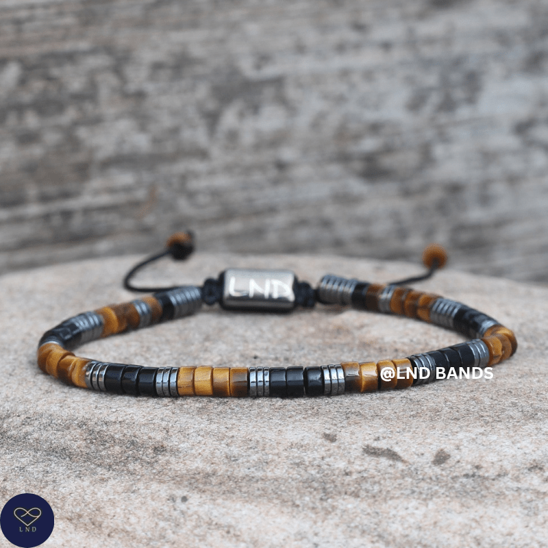 Tiger Eye Onyx & Hematite Bead Adjustable Bracelet: Yoga, Boho, Gift for him, Protection, strength - LND Bands