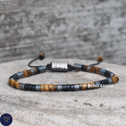 Tiger Eye Onyx & Hematite Bead Adjustable Bracelet: Yoga, Boho, Gift for him, Protection, strength - LND Bands