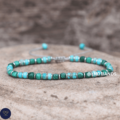 Turquoise Jasper & Malachite 2x6mm Beaded Bracelet: Yoga, Adjustable, Tibetan, Natural Stone, Yoga, Boho, Ethnic, birthday gift - LND Bands