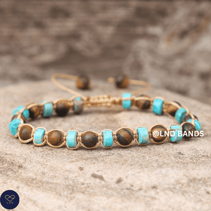 Turquoise Jasper & Tiger Eye 2x6mm Beaded Bracelet: Yoga, Adjustable, Tibetan, Natural Stone, Yoga, Boho, Ethnic, gift for him - LND Bands