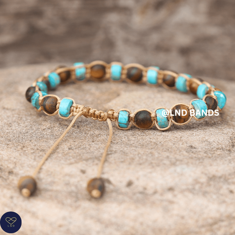 Turquoise Jasper & Tiger Eye 2x6mm Beaded Bracelet: Yoga, Adjustable, Tibetan, Natural Stone, Yoga, Boho, Ethnic, gift for him - LND Bands