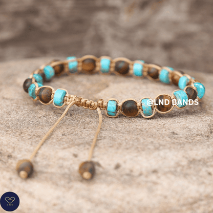 Turquoise Jasper & Tiger Eye 2x6mm Beaded Bracelet: Yoga, Adjustable, Tibetan, Natural Stone, Yoga, Boho, Ethnic, gift for him - LND Bands