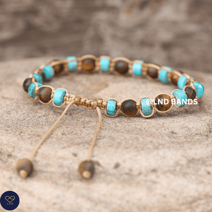 Turquoise Jasper & Tiger Eye 2x6mm Beaded Bracelet: Yoga, Adjustable, Tibetan, Natural Stone, Yoga, Boho, Ethnic, gift for him - LND Bands