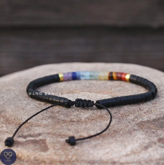 7 Chakra Gemstone Bead Bracelet with Black Stone Unique Design - LND Bands
