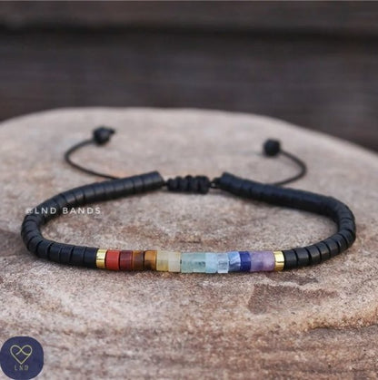 7 Chakra Gemstone Bead Bracelet with Black Stone Unique Design - LND Bands