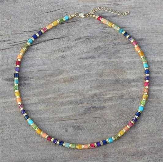 7 Chakra Tube Necklace - Natural Stone Necklace, 4mm - LND Bands
