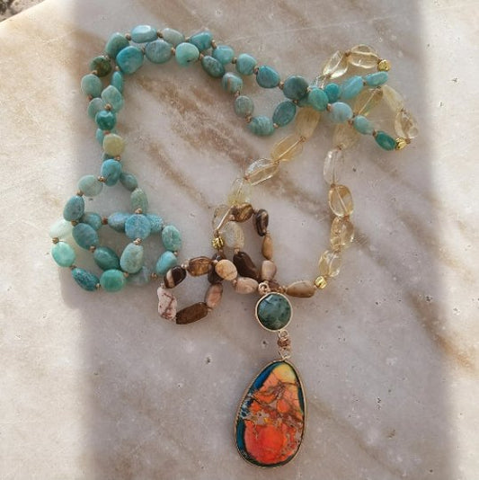 Amazonite Citrine And Picture Jasper Beads Necklace - LND Bands