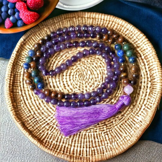 Amethyst Tiger Eye 108 Mala Beads Tassel for Meditation Necklace - LND Bands