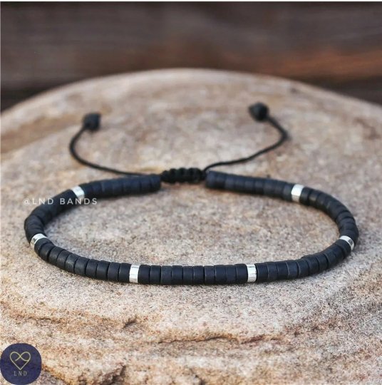 Black Stone Elegant Dainty Beaded Bracelet, Adjustable Minimalist 2x4mm unisex bracelet, Yoga Ethnic Style, Bohemian Bracelet, power elegant