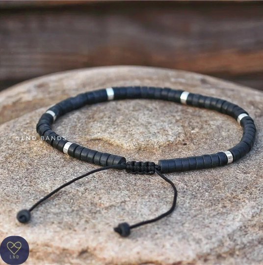 Black Stone Bracelet - Natural Stone Bracelet, 4mm - LND Bands