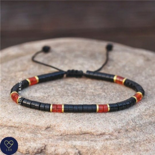 Black Stone Red Agate Adjustable Beaded Bracelet, Bohemian Bracelet, Dainty Bracelet, Tibetan gemstone, Yoga, Birthday Gift, stability - LND Bands
