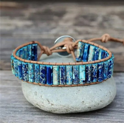 Blue Jasper Tube Leather Wrap Bracelet - LND Bands