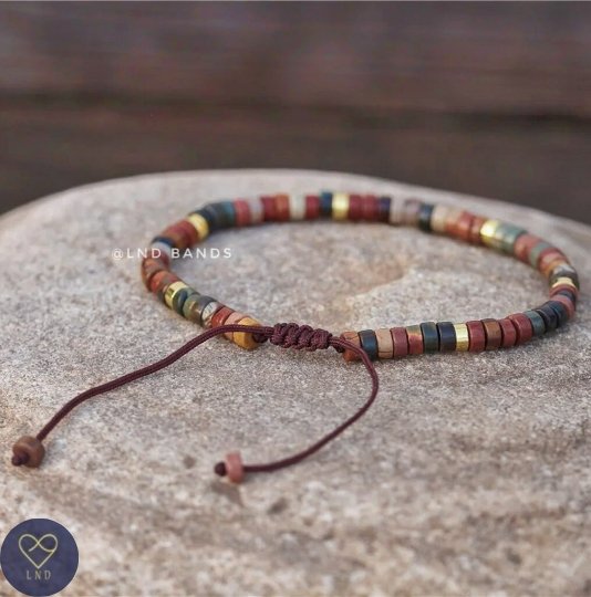 Colourful Picasso Jasper Bead Bracelet, Adjustable Minimalist Bohemian Bracelet, Yoga, Ethnic - LND Bands