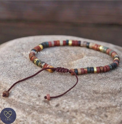 Colourful Picasso Jasper Bead Bracelet, Adjustable Minimalist Bohemian Bracelet, Yoga, Ethnic - LND Bands