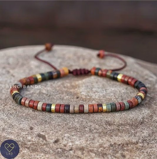 Colourful Picasso Jasper Bead Bracelet, Adjustable Minimalist Bohemian Bracelet, Yoga, Ethnic - LND Bands