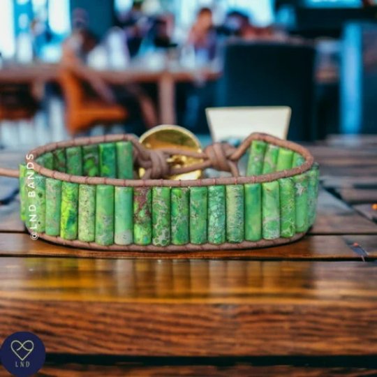 Green Grass Jasper Tube Leather Wrap Bracelet - LND Bands