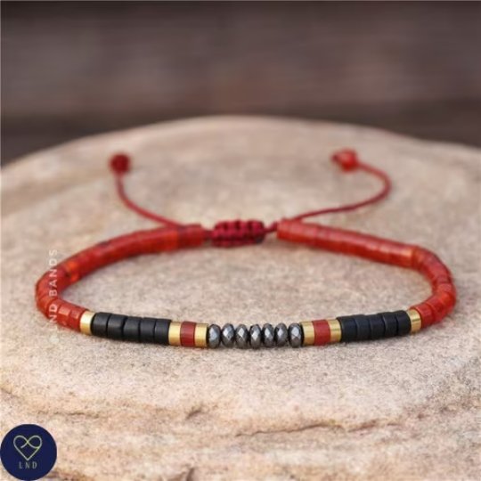 Hematite Black Stone Red Agate Adjustable Beaded Bracelet, Bohemian Dainty Bracelet, Tibetan gemstone, Yoga, Birthday Gift, stability - LND Bands