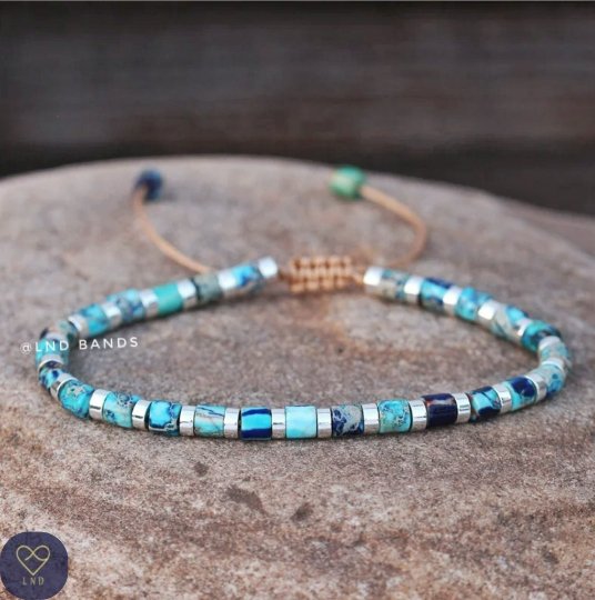 Light Blue colour tube Imperial Jasper bracelet, Adjustable Ethnic Yoga Dainty Bracelet, natural stone bracelet - LND Bands