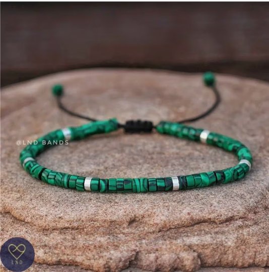 Malachite Dainty 2x4mm Adjustable Beaded Bracelet, Minimalist Bohemian Ethno Dainty Bracelet, Tibetan gemstone, synthetic malachite beads