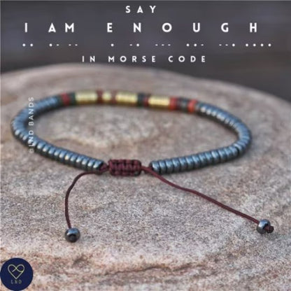 Morse code I AM ENOUGH Hematite Picasso Jasper Bracelet - LND Bands