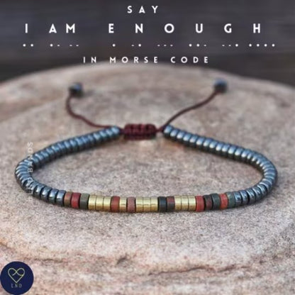 Morse code I AM ENOUGH Hematite Picasso Jasper Bracelet - LND Bands