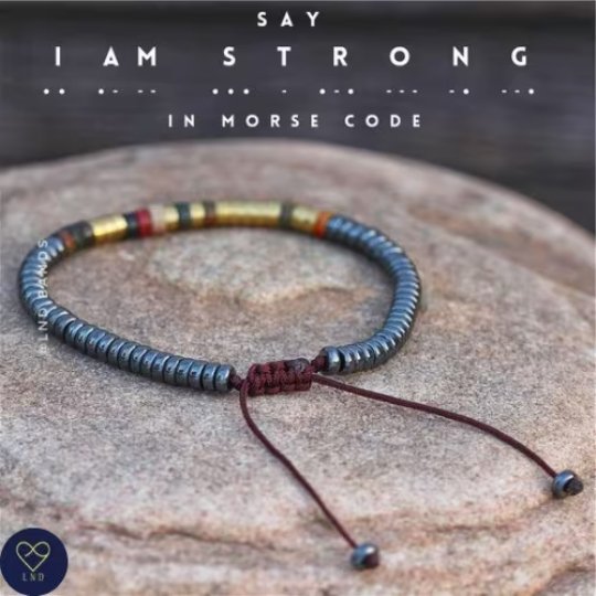 Morse code I AM STRONG Picasso Jasper Hematite Bracelet - LND Bands